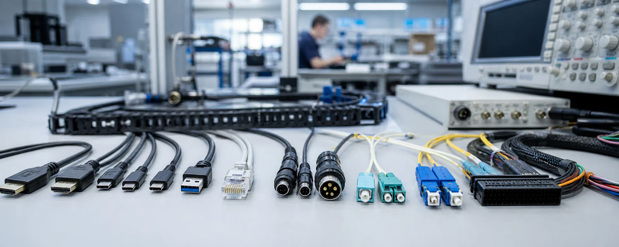 Custom cable connector options arranged on a professional test bench