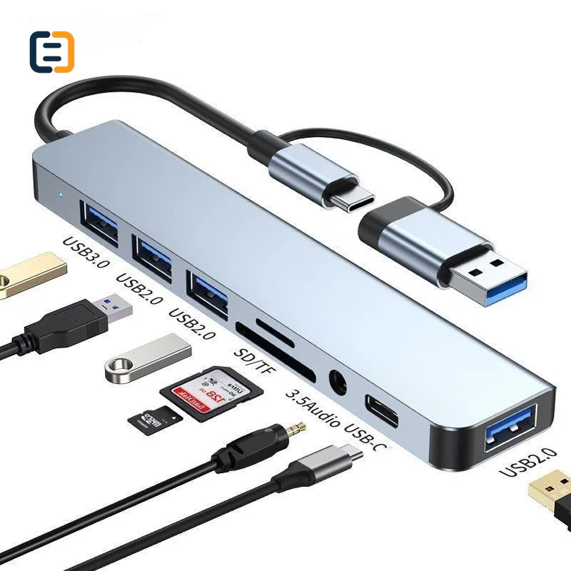 USB-C / USB 3.0 Hub and Card Reader, 8-in-2